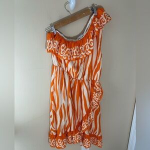 Koko + Mason orange white one shoulder ruffle vacation resort dress size XL